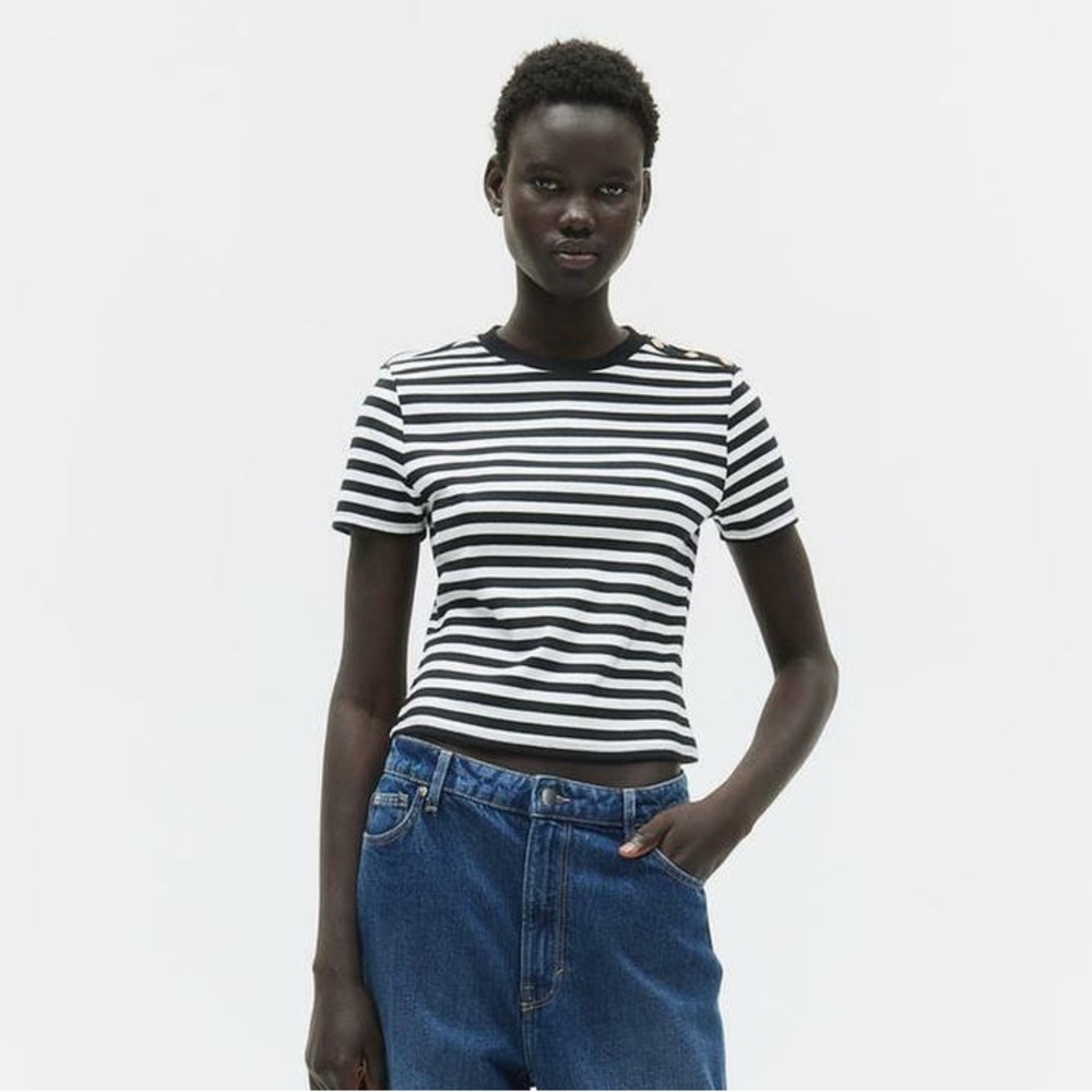 H&M Stripe Tee with Gold Button Detailing